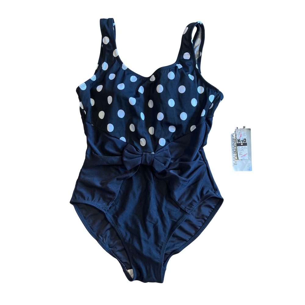 Vtg Polka Dot Marina Del Mar Womens One Piece Swimsuit Bow Black White Sz 11/12